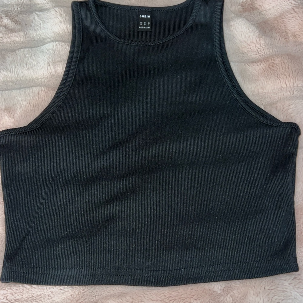 SHEIN Black Ribbed High Neck Cropped Tank – Fitted Stretch Basic – M